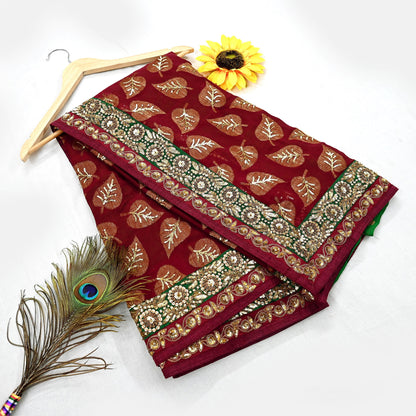 Indian Pre-Owned Sari Maroon & Green Net/Mesh Hand Embroidered Designer Sabyasachi Lehenga Sarees Ethnic Zardozi/Dabka Zari Wedding Sarees