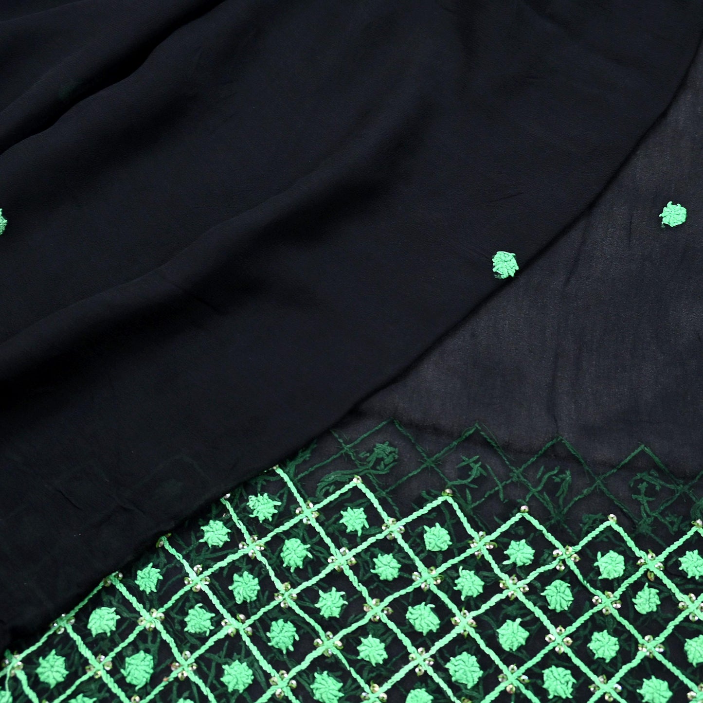 Indian Vintage Dupatta Black Long Stole Blend Georgette Hand Embroidered Stole Scarves Party wear