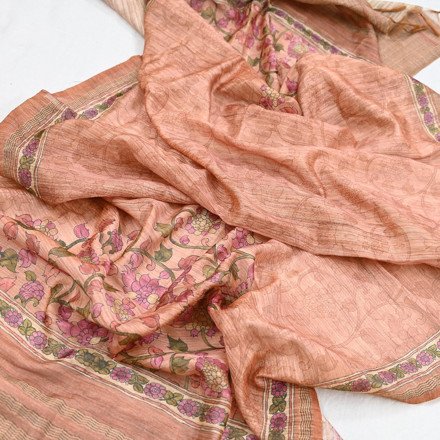 Indian Vintage Dupatta Peach & Brown Long Stole Artificial Silk Woven Printed Scarves Veil Scarf Wrap Soft Hijab Party wear veil Fringes