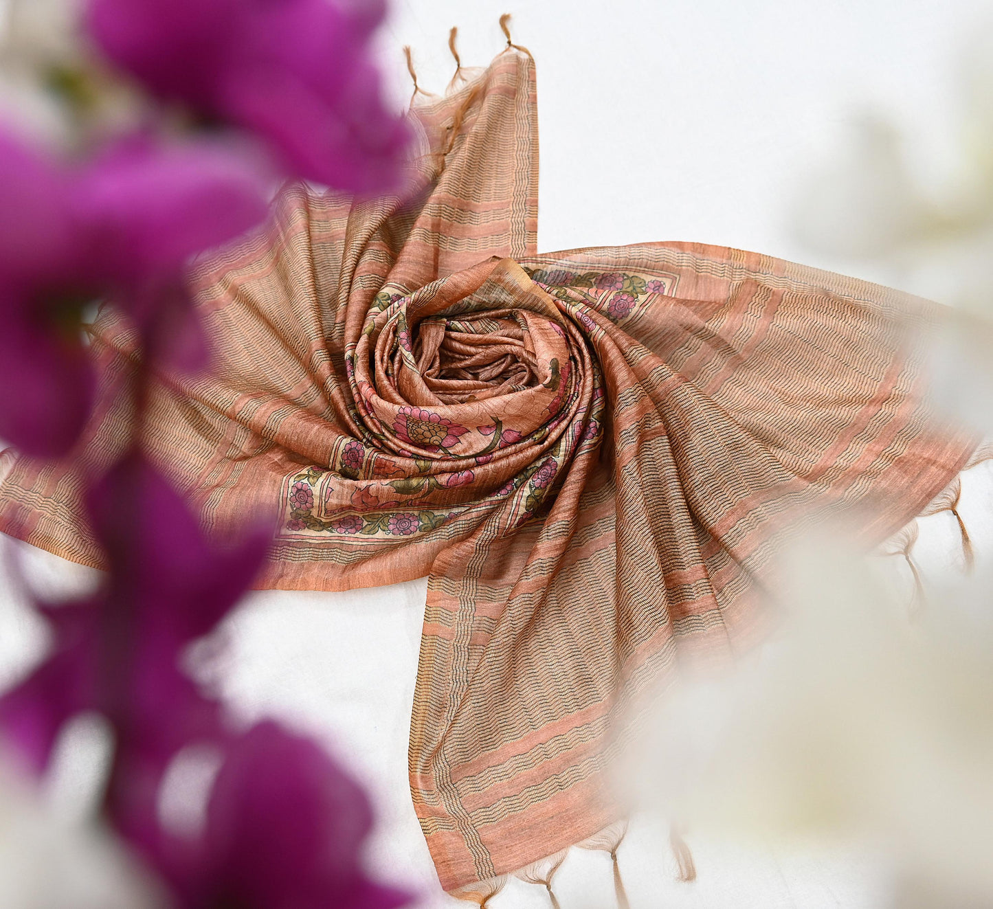 Indian Vintage Dupatta Peach & Brown Long Stole Artificial Silk Woven Printed Scarves Veil Scarf Wrap Soft Hijab Party wear veil Fringes