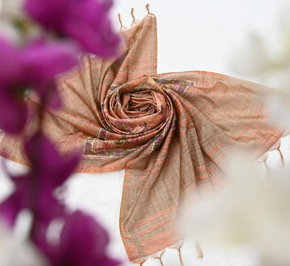 Indian Vintage Dupatta Peach & Brown Long Stole Artificial Silk Woven Printed Scarves Veil Scarf Wrap Soft Hijab Party wear veil Fringes