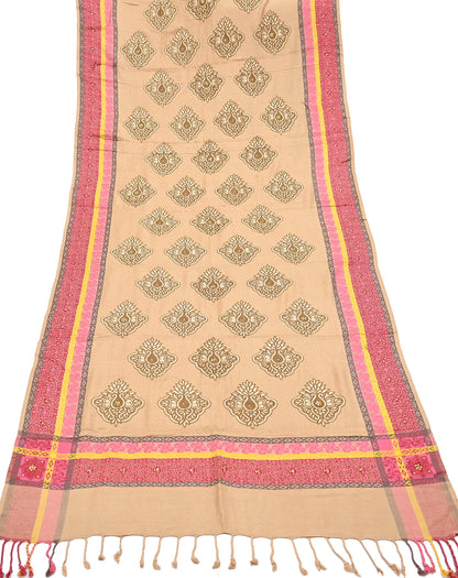 Vintage Beige Viscose Stole Handmade Woven Long Throw Stole Warm Floral Design Fringes