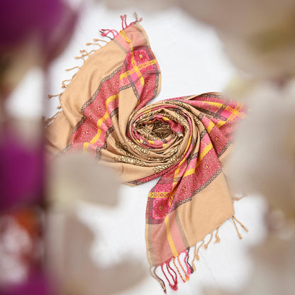 Vintage Beige Viscose Stole Handmade Woven Long Throw Stole Warm Floral Design Fringes