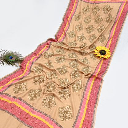 Vintage Beige Viscose Stole Handmade Woven Long Throw Stole Warm Floral Design Fringes