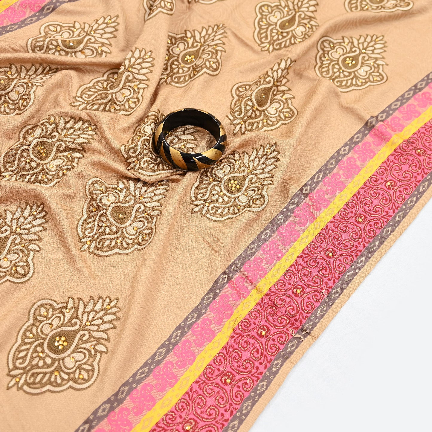 Vintage Beige Viscose Stole Handmade Woven Long Throw Stole Warm Floral Design Fringes