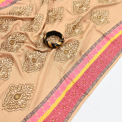 Vintage Beige Viscose Stole Handmade Woven Long Throw Stole Warm Floral Design Fringes