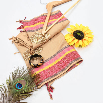 Vintage Beige Viscose Stole Handmade Woven Long Throw Stole Warm Floral Design Fringes