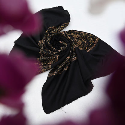 Indian Vintage Black Shawl Pure Woolen Handmade Suzani Long Throw Stole Warm Stole Floral Design Soft Soft Cozy