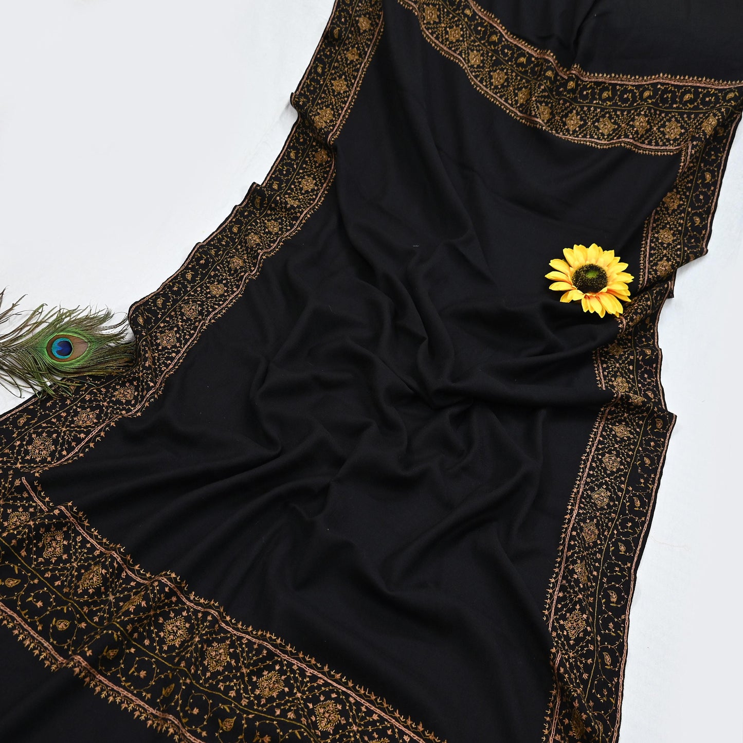 Indian Vintage Black Shawl Pure Woolen Handmade Suzani Long Throw Stole Warm Stole Floral Design Soft Soft Cozy