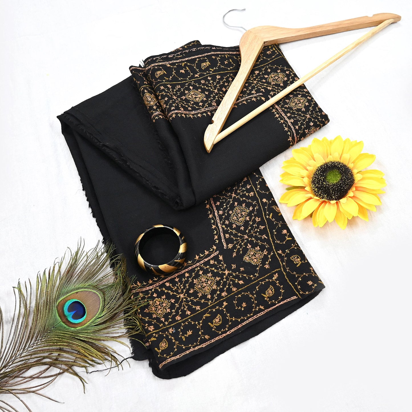 Indian Vintage Black Shawl Pure Woolen Handmade Suzani Long Throw Stole Warm Stole Floral Design Soft Soft Cozy