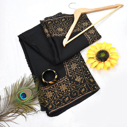 Indian Vintage Black Shawl Pure Woolen Handmade Suzani Long Throw Stole Warm Stole Floral Design Soft Soft Cozy