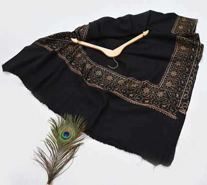 Indian Vintage Black Shawl Pure Woolen Handmade Suzani Long Throw Stole Warm Stole Floral Design Soft Soft Cozy