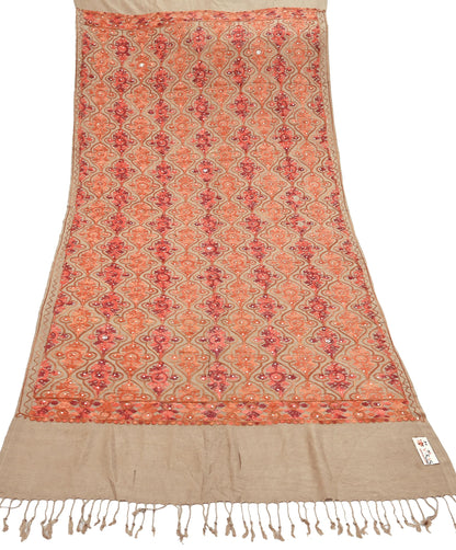 Vintage Stole Brown woolen Handmade Ari work Long Throw Warm Stole Floral Design Fringes