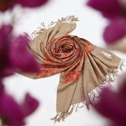 Vintage Stole Brown woolen Handmade Ari work Long Throw Warm Stole Floral Design Fringes