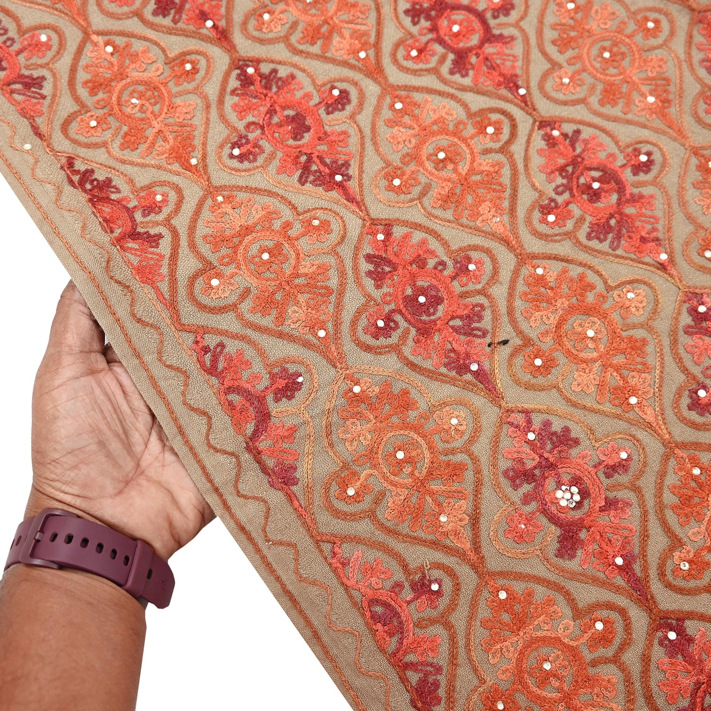 Vintage Stole Brown woolen Handmade Ari work Long Throw Warm Stole Floral Design Fringes