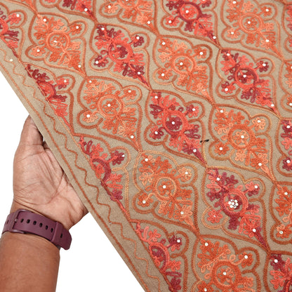 Vintage Stole Brown woolen Handmade Ari work Long Throw Warm Stole Floral Design Fringes