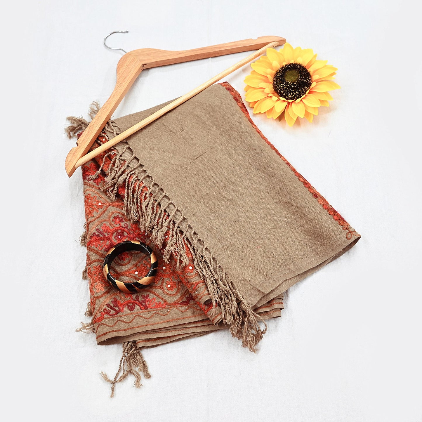 Vintage Stole Brown woolen Handmade Ari work Long Throw Warm Stole Floral Design Fringes