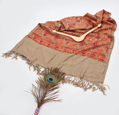 Vintage Stole Brown woolen Handmade Ari work Long Throw Warm Stole Floral Design Fringes