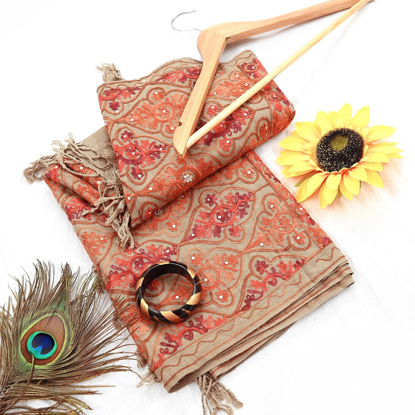 Vintage Stole Brown woolen Handmade Ari work Long Throw Warm Stole Floral Design Fringes