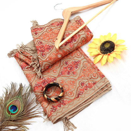 Vintage Stole Brown woolen Handmade Ari work Long Throw Warm Stole Floral Design Fringes