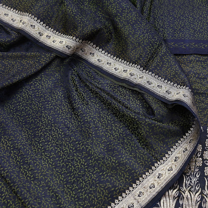 Indian Vintage Sari Blue Heavy Wedding Pure Satin Silk Woven Banarasi Tanchoi Saree 5Yd Ethnic Craft Fabric Upcycle Bridal Heavy Sarees