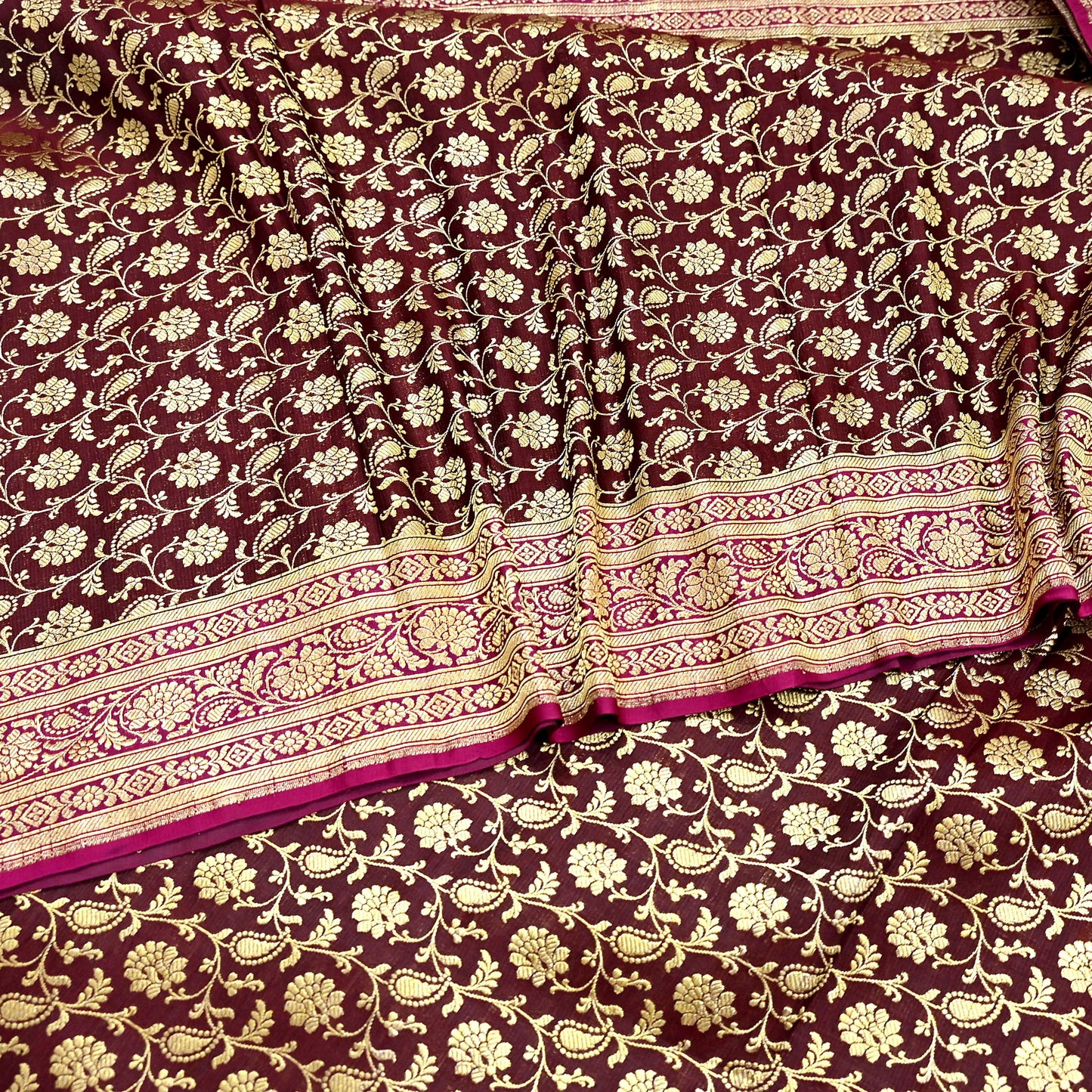 Indian Vintage Sari Pink & Maroon Heavy Wedding Pure Satin Silk Banarasi Brocade Saree Zari 5Yd Craft Fabric Ethnic Dress making Crafting