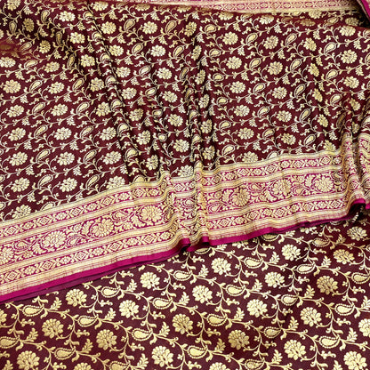 Indian Vintage Sari Pink & Maroon Heavy Wedding Pure Satin Silk Banarasi Brocade Saree Zari 5Yd Craft Fabric Ethnic Dress making Crafting