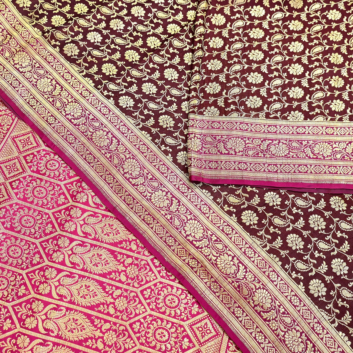 Indian Vintage Sari Pink & Maroon Heavy Wedding Pure Satin Silk Banarasi Brocade Saree Zari 5Yd Craft Fabric Ethnic Dress making Crafting