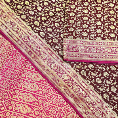 Indian Vintage Sari Pink & Maroon Heavy Wedding Pure Satin Silk Banarasi Brocade Saree Zari 5Yd Craft Fabric Ethnic Dress making Crafting