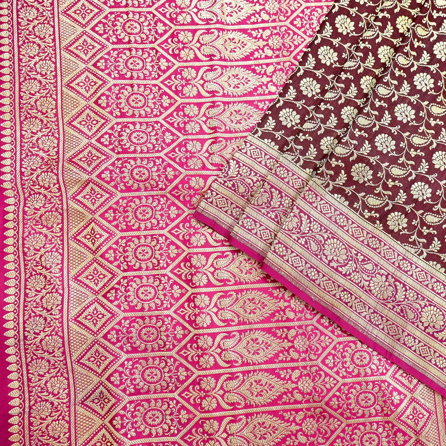 Indian Vintage Sari Pink & Maroon Heavy Wedding Pure Satin Silk Banarasi Brocade Saree Zari 5Yd Craft Fabric Ethnic Dress making Crafting