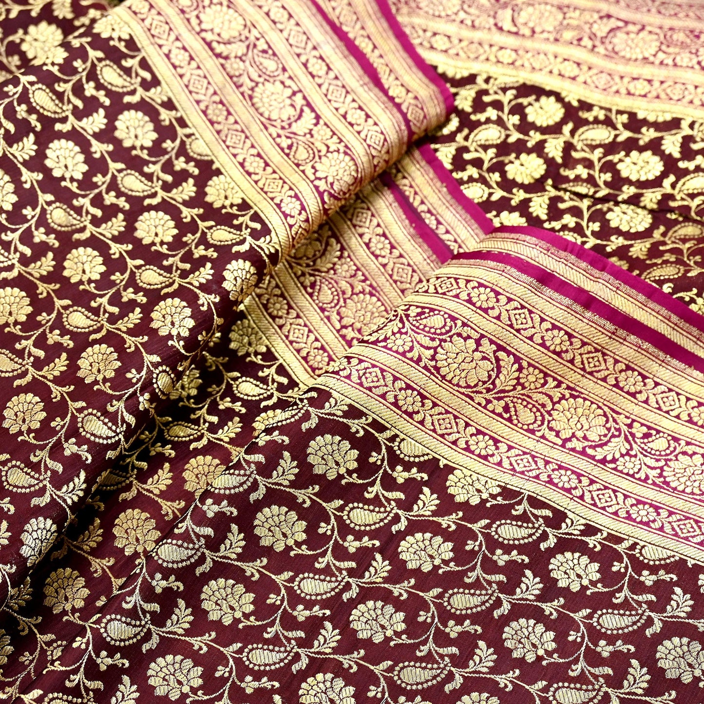 Indian Vintage Sari Pink & Maroon Heavy Wedding Pure Satin Silk Banarasi Brocade Saree Zari 5Yd Craft Fabric Ethnic Dress making Crafting