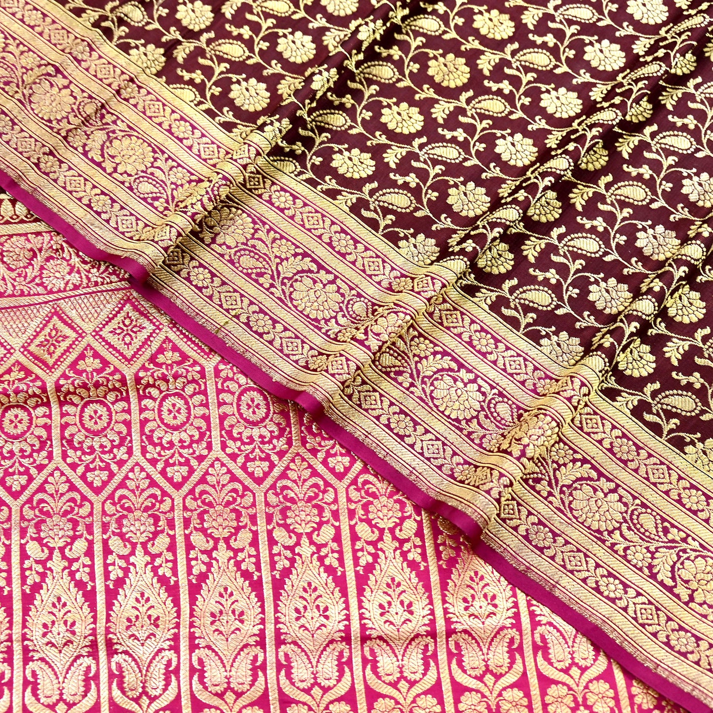 Indian Vintage Sari Pink & Maroon Heavy Wedding Pure Satin Silk Banarasi Brocade Saree Zari 5Yd Craft Fabric Ethnic Dress making Crafting