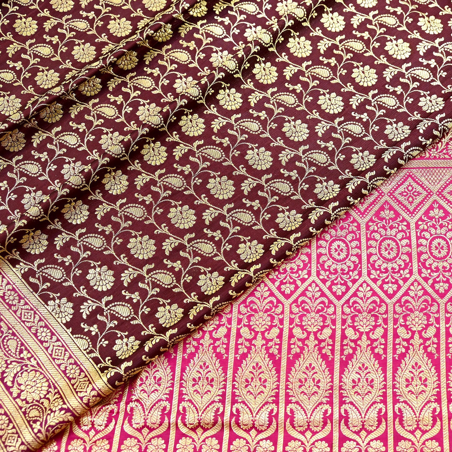 Indian Vintage Sari Pink & Maroon Heavy Wedding Pure Satin Silk Banarasi Brocade Saree Zari 5Yd Craft Fabric Ethnic Dress making Crafting