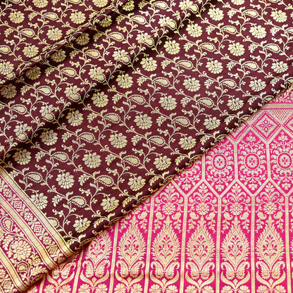 Indian Vintage Sari Pink & Maroon Heavy Wedding Pure Satin Silk Banarasi Brocade Saree Zari 5Yd Craft Fabric Ethnic Dress making Crafting