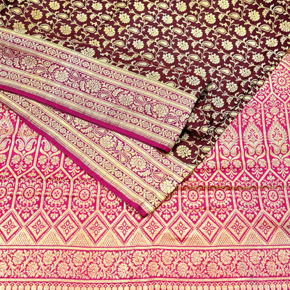 Indian Vintage Sari Pink & Maroon Heavy Wedding Pure Satin Silk Banarasi Brocade Saree Zari 5Yd Craft Fabric Ethnic Dress making Crafting
