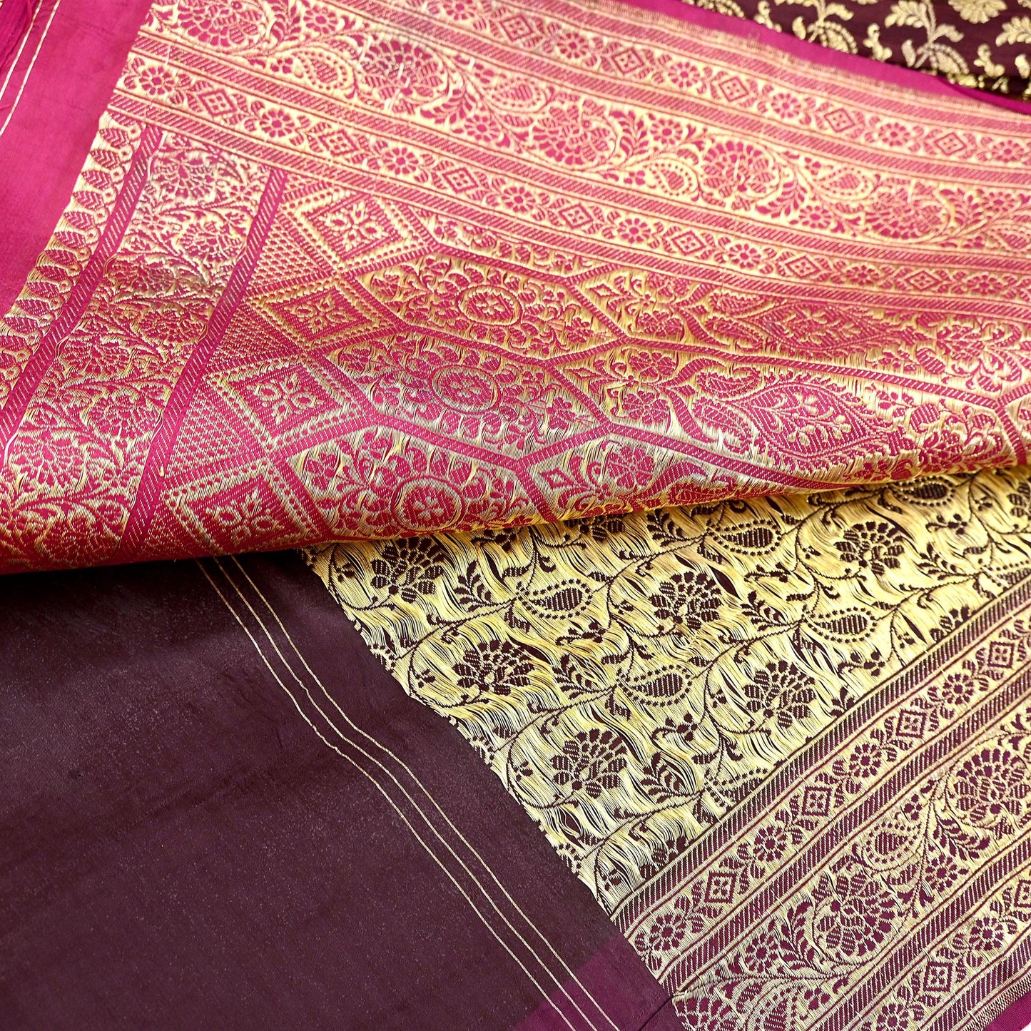 Indian Vintage Sari Pink & Maroon Heavy Wedding Pure Satin Silk Banarasi Brocade Saree Zari 5Yd Craft Fabric Ethnic Dress making Crafting