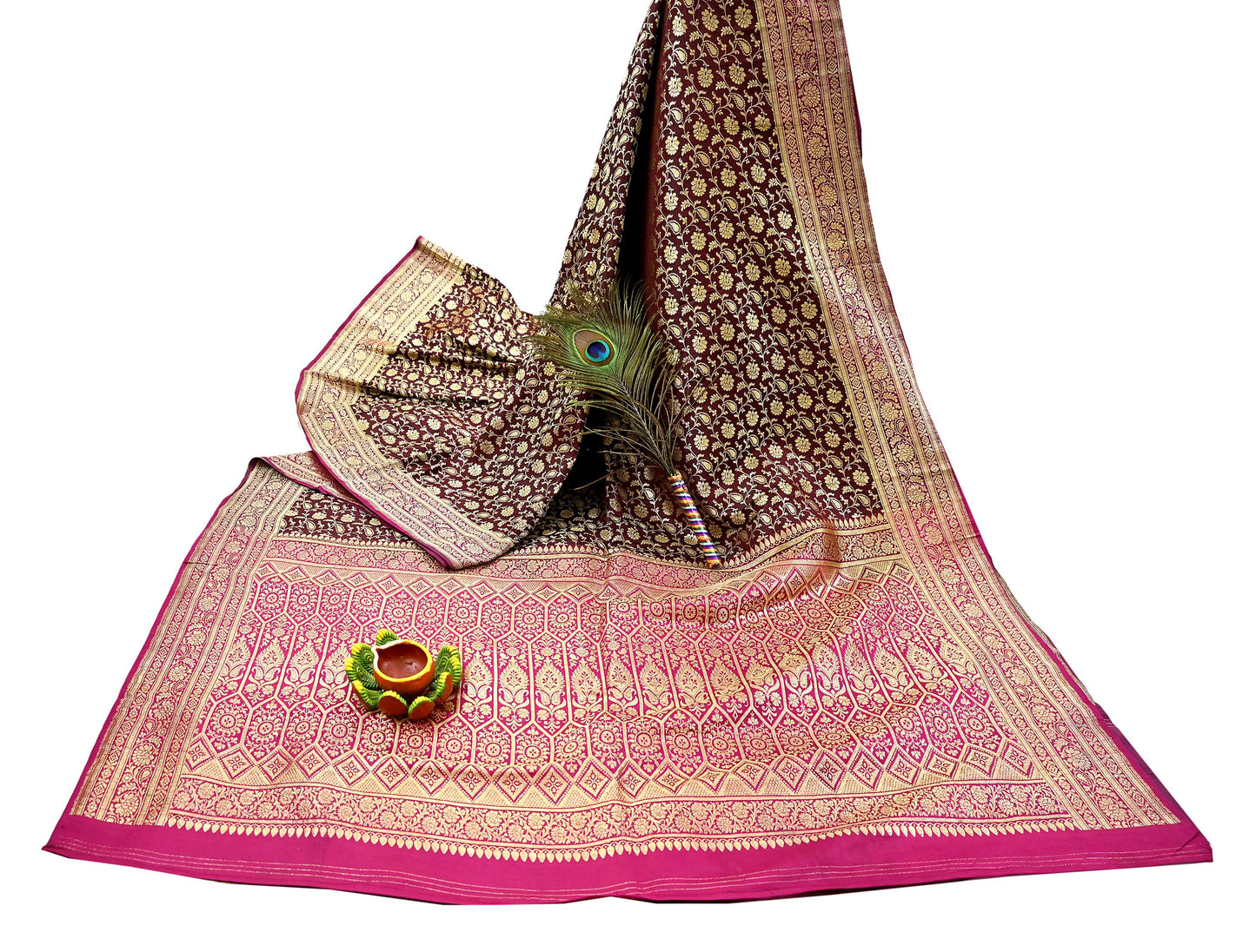 Indian Vintage Sari Pink & Maroon Heavy Wedding Pure Satin Silk Banarasi Brocade Saree Zari 5Yd Craft Fabric Ethnic Dress making Crafting