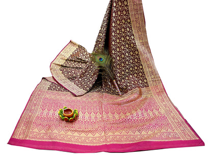 Indian Vintage Sari Pink & Maroon Heavy Wedding Pure Satin Silk Banarasi Brocade Saree Zari 5Yd Craft Fabric Ethnic Dress making Crafting