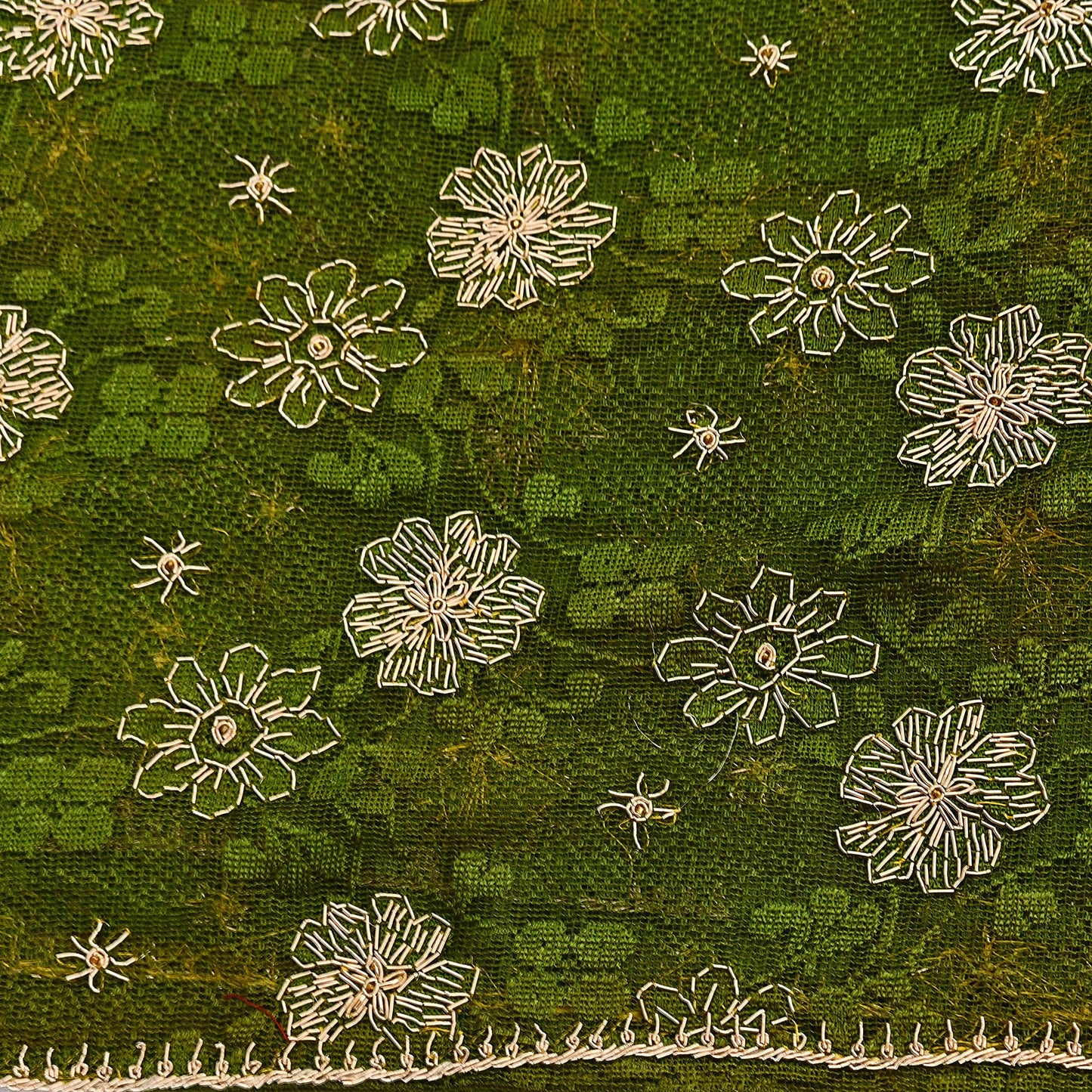 Indian Vintage Heavy Dupatta Green Net Mesh Long Stole Hand Embroidered Scarves Zardozi/Dabka Zari Sequins Wedding Hijab Veil