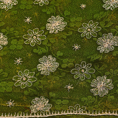 Indian Vintage Heavy Dupatta Green Net Mesh Long Stole Hand Embroidered Scarves Zardozi/Dabka Zari Sequins Wedding Hijab Veil