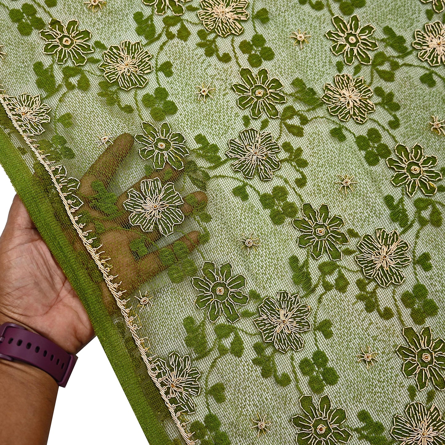 Indian Vintage Heavy Dupatta Green Net Mesh Long Stole Hand Embroidered Scarves Zardozi/Dabka Zari Sequins Wedding Hijab Veil