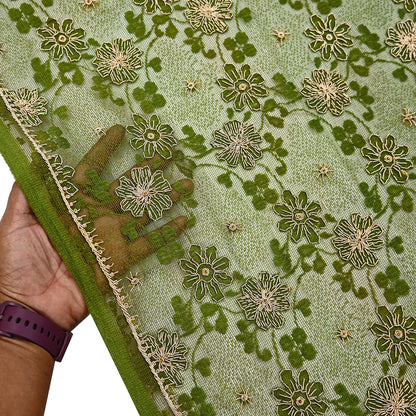 Indian Vintage Heavy Dupatta Green Net Mesh Long Stole Hand Embroidered Scarves Zardozi/Dabka Zari Sequins Wedding Hijab Veil