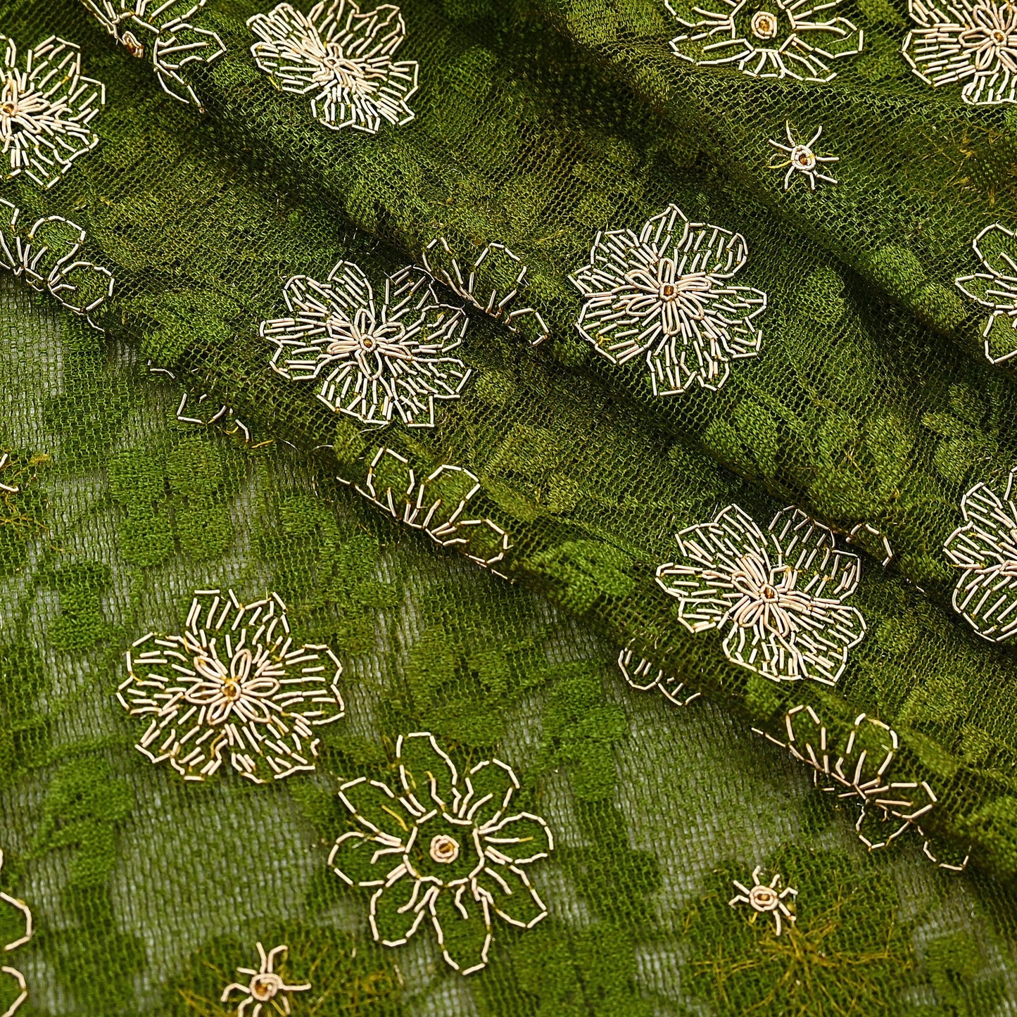 Indian Vintage Heavy Dupatta Green Net Mesh Long Stole Hand Embroidered Scarves Zardozi/Dabka Zari Sequins Wedding Hijab Veil