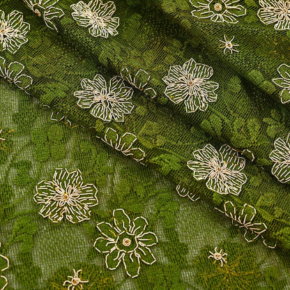 Indian Vintage Heavy Dupatta Green Net Mesh Long Stole Hand Embroidered Scarves Zardozi/Dabka Zari Sequins Wedding Hijab Veil