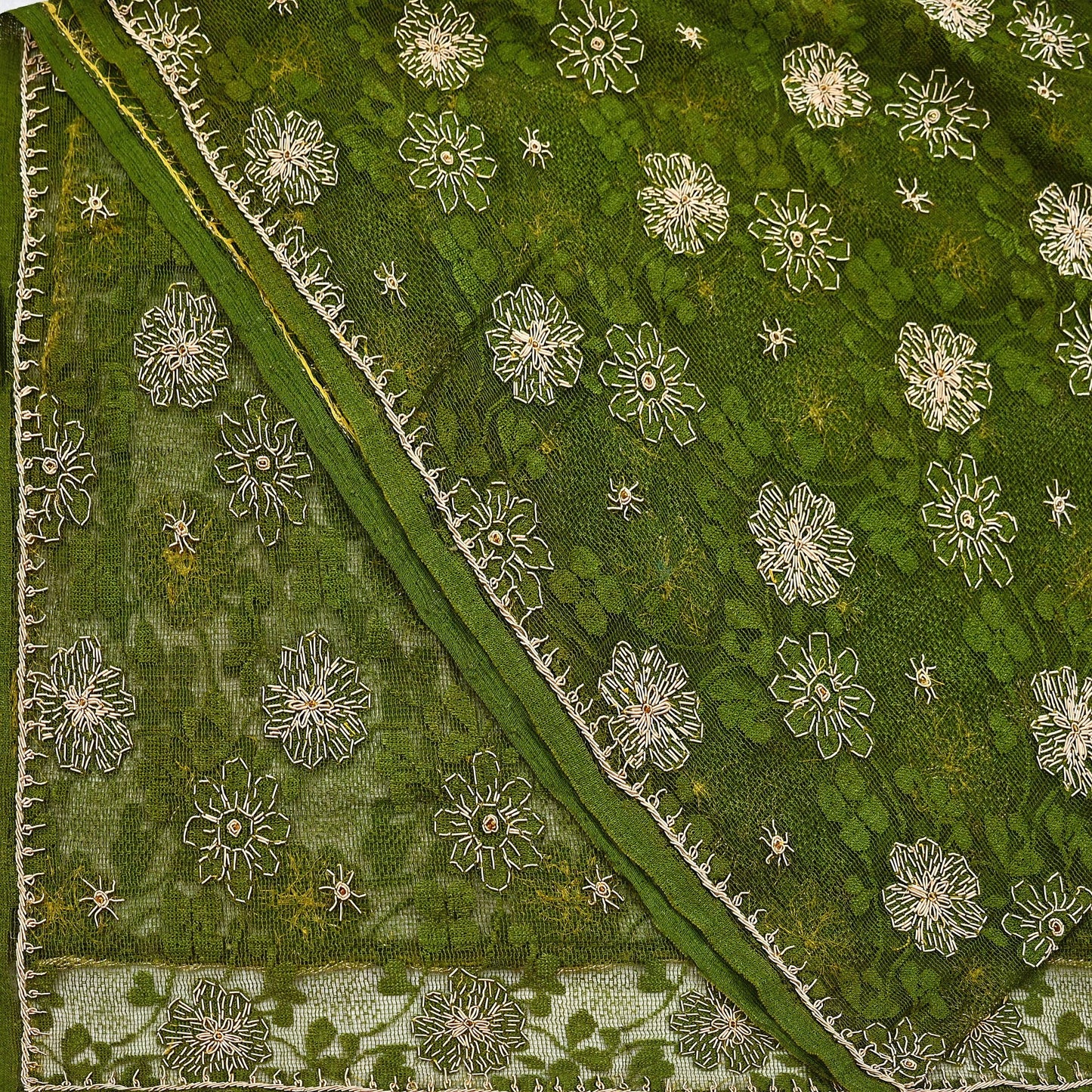 Indian Vintage Heavy Dupatta Green Net Mesh Long Stole Hand Embroidered Scarves Zardozi/Dabka Zari Sequins Wedding Hijab Veil