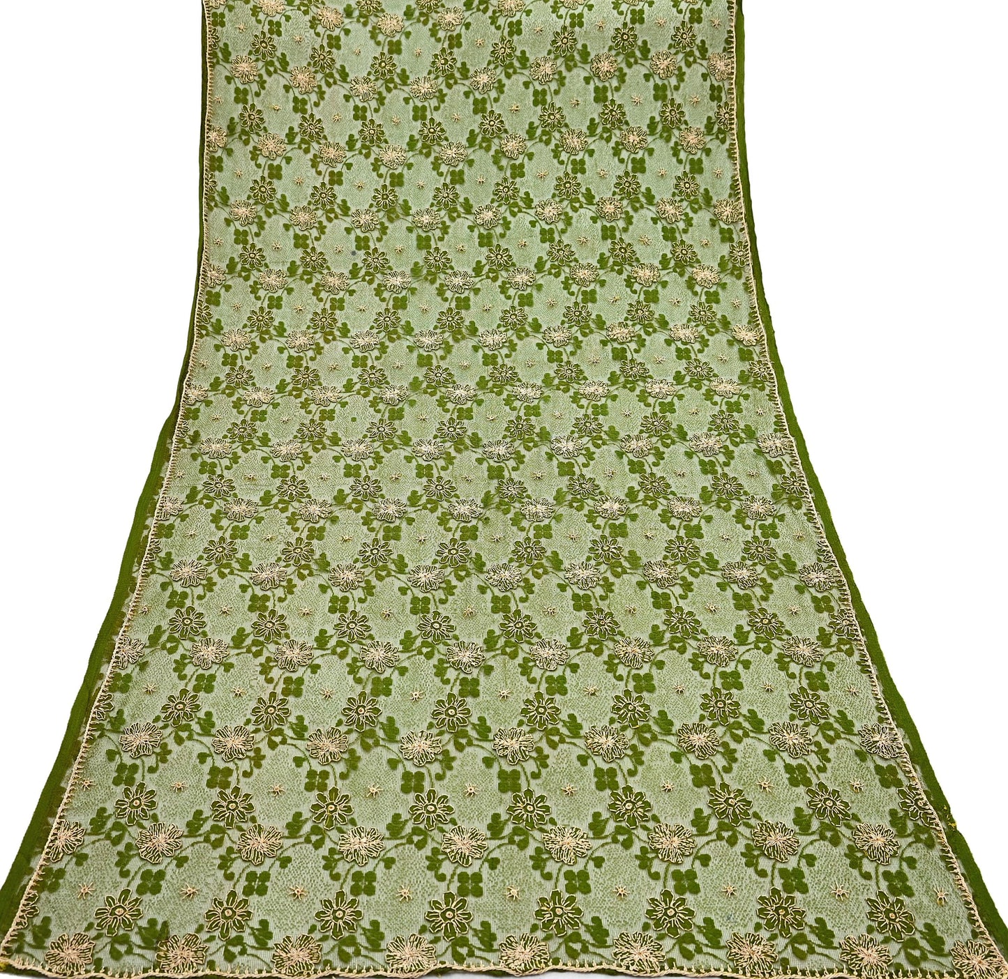 Indian Vintage Heavy Dupatta Green Net Mesh Long Stole Hand Embroidered Scarves Zardozi/Dabka Zari Sequins Wedding Hijab Veil