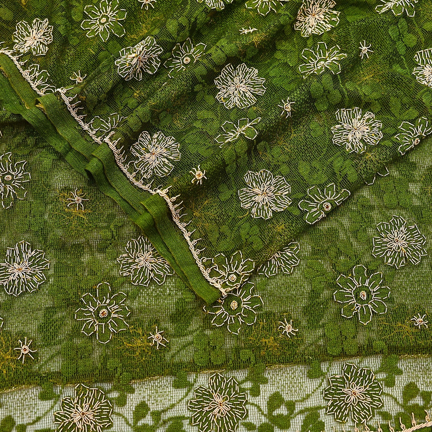 Indian Vintage Heavy Dupatta Green Net Mesh Long Stole Hand Embroidered Scarves Zardozi/Dabka Zari Sequins Wedding Hijab Veil