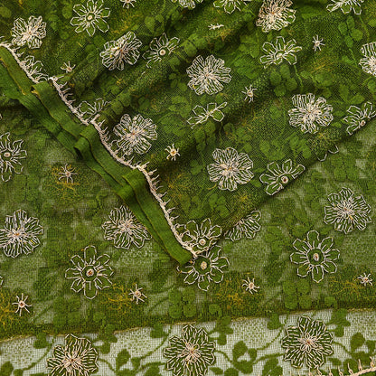 Indian Vintage Heavy Dupatta Green Net Mesh Long Stole Hand Embroidered Scarves Zardozi/Dabka Zari Sequins Wedding Hijab Veil