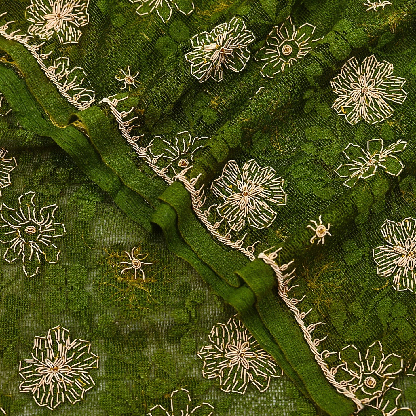 Indian Vintage Heavy Dupatta Green Net Mesh Long Stole Hand Embroidered Scarves Zardozi/Dabka Zari Sequins Wedding Hijab Veil