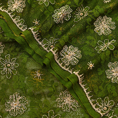 Indian Vintage Heavy Dupatta Green Net Mesh Long Stole Hand Embroidered Scarves Zardozi/Dabka Zari Sequins Wedding Hijab Veil